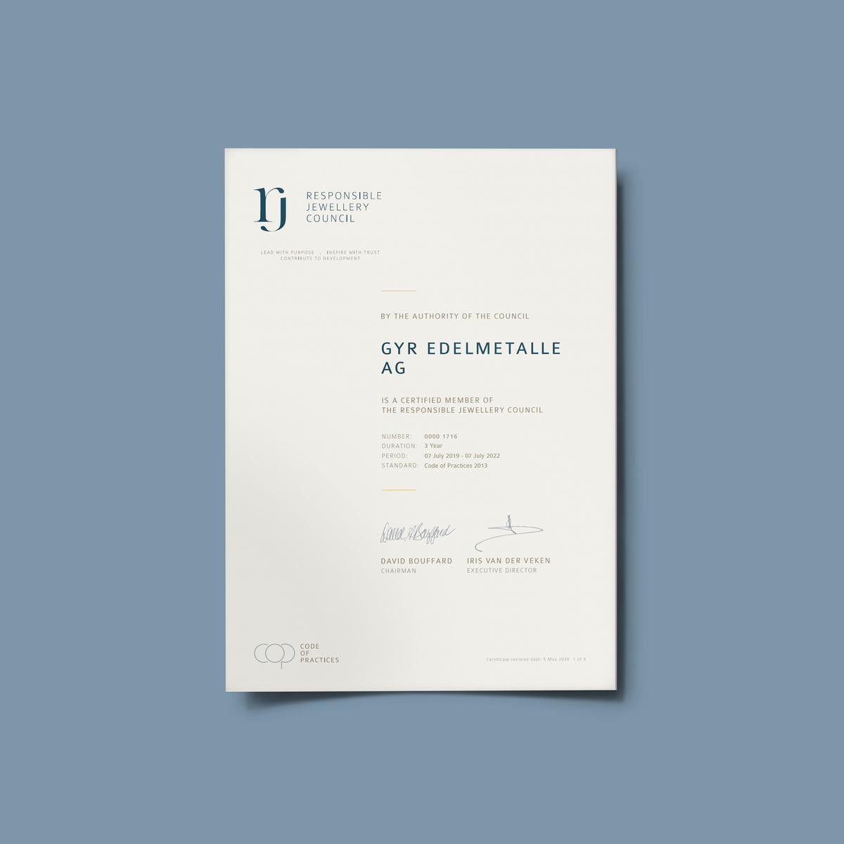 Le certificat de membre RJC actuel obtenu par Gyr Métaux Précieux SA.